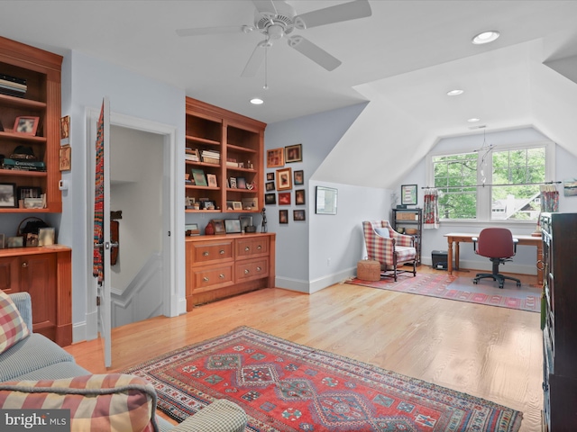 office with baseboards, recessed lighting, a ceiling fan, light wood-style flooring, and vaulted ceiling