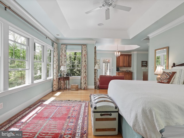 bedroom with a tray ceiling, multiple windows, and baseboards