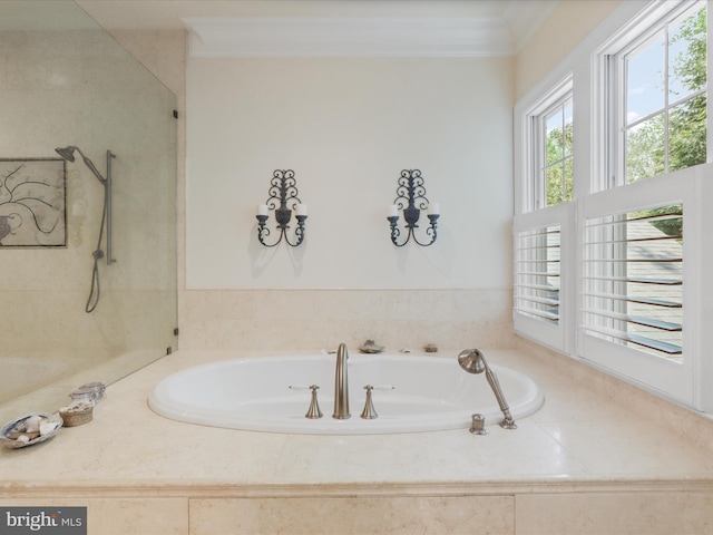 bathroom with walk in shower, ornamental molding, and a garden tub