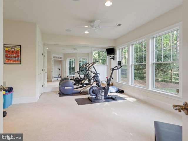workout room with recessed lighting, a ceiling fan, carpet, and baseboards