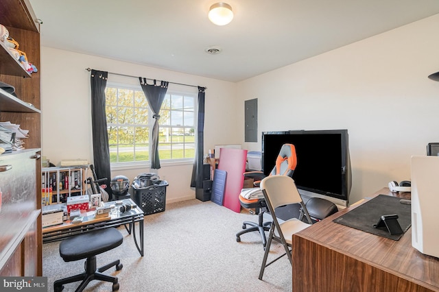 carpeted office featuring baseboards, visible vents, and electric panel