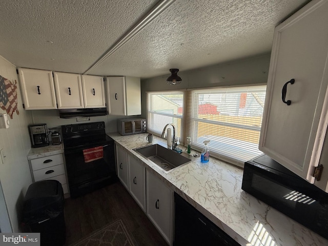 kitchen with white cabinets, a sink, a textured ceiling, black electric range oven, and under cabinet range hood