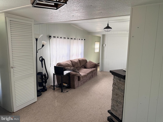living room with carpet flooring and a textured ceiling