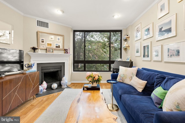 3825 Davis Pl NW Unit 202, Washington, DC 20007 - living room with light wood-style floors, ornamental molding, a fireplace with flush hearth, and recessed lighting