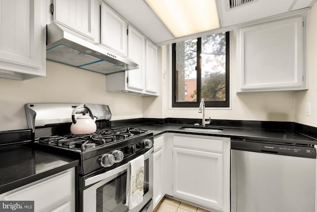 3825 Davis Pl NW Unit 202, Washington, DC 20007 - kitchen with appliances with stainless steel finishes, under cabinet range hood, a sink, dark countertops, and white cabinetry