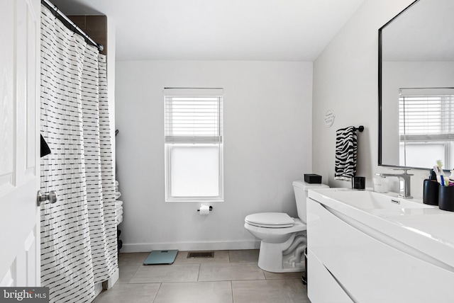 full bath featuring tile patterned floors, toilet, vanity, baseboards, and visible vents