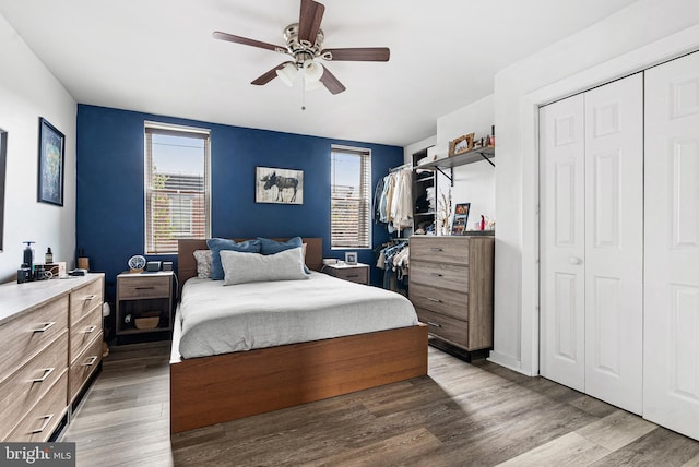bedroom featuring wood finished floors, ceiling fan, multiple windows, and a closet