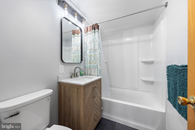 full bathroom featuring vanity, tile patterned flooring, shower / bath combination with curtain, and toilet