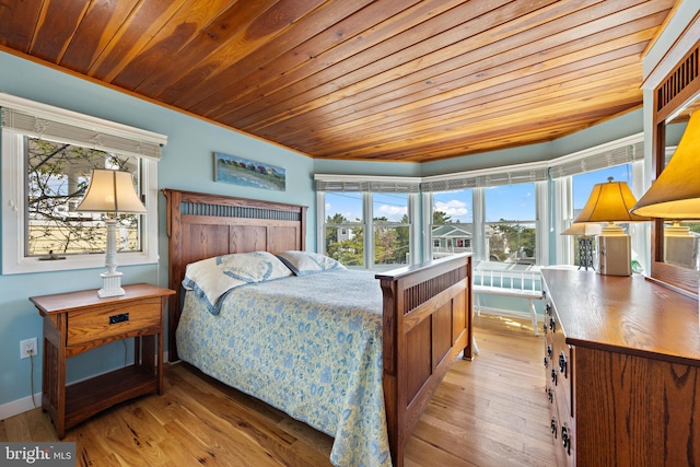 bedroom featuring wood finished floors, multiple windows, and wooden ceiling