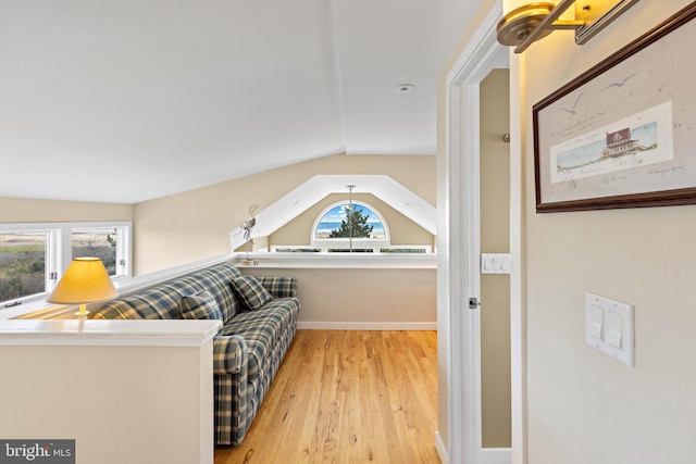 living area with baseboards, wood finished floors, and lofted ceiling