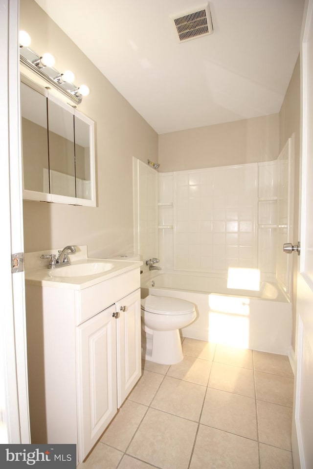 bathroom featuring tile patterned flooring, vanity, bathtub / shower combination, toilet, and visible vents