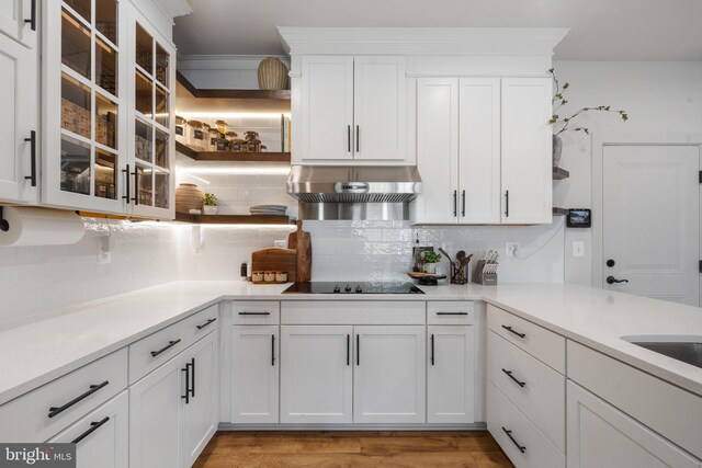 13547 Sayward Blvd Unit 67, Herndon, VA 20171 - kitchen with under cabinet range hood, black electric stovetop, tasteful backsplash, white cabinetry, and light wood finished floors