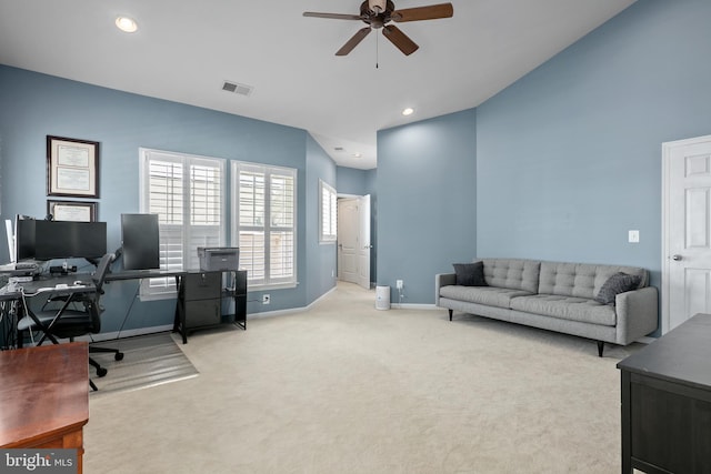 office featuring visible vents, baseboards, ceiling fan, recessed lighting, and carpet flooring