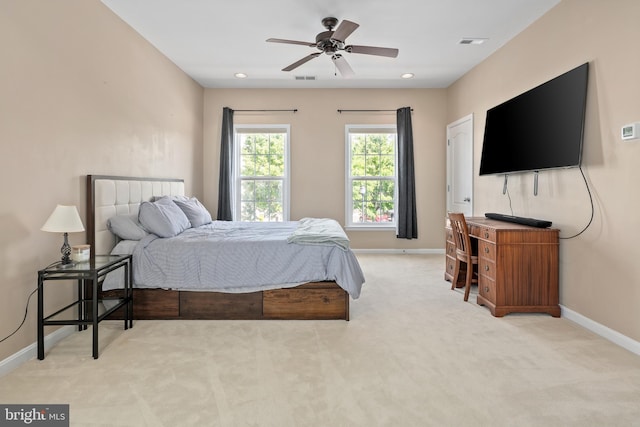 bedroom with carpet flooring, recessed lighting, baseboards, and visible vents