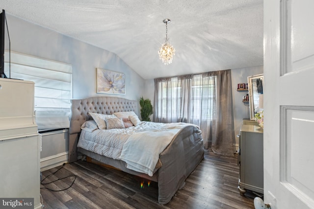 821 Green Ave, Mount Ephraim, NJ 08059 - bedroom with dark wood-style flooring, lofted ceiling, a chandelier, and a textured ceiling