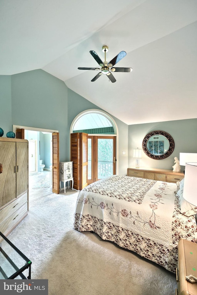 6 Pond Ridge Ln, Hanover, PA 17331 - carpeted bedroom featuring high vaulted ceiling, access to outside, and a ceiling fan