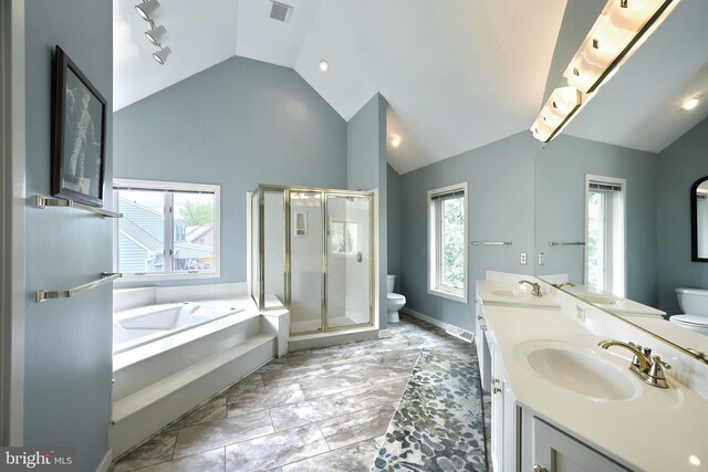 6 Pond Ridge Ln, Hanover, PA 17331 - full bathroom featuring toilet, lofted ceiling, marble look tiles, plenty of natural light, and a stall shower