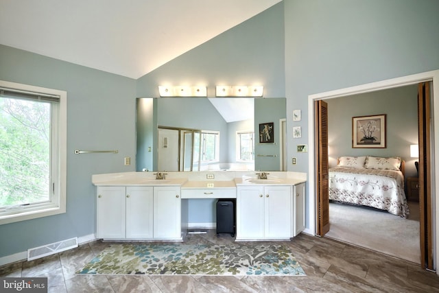 6 Pond Ridge Ln, Hanover, PA 17331 - ensuite bathroom featuring high vaulted ceiling, vanity, and baseboards