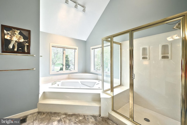 6 Pond Ridge Ln, Hanover, PA 17331 - full bath with a shower stall, a bath, lofted ceiling, baseboards, and track lighting