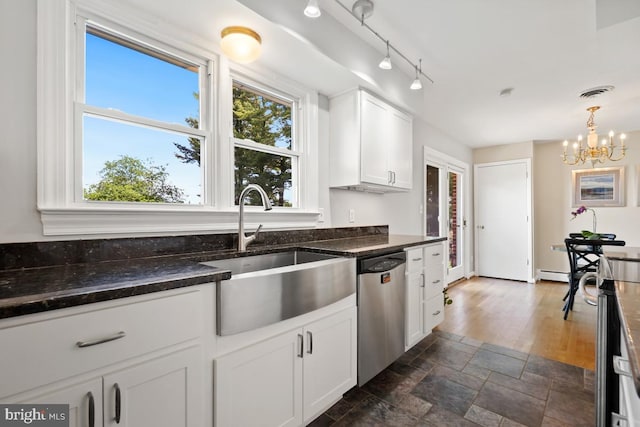 26105 Cornor Dr, Damascus, MD 20872 - kitchen featuring dishwasher, a sink, white cabinetry, a chandelier, and dark stone countertops