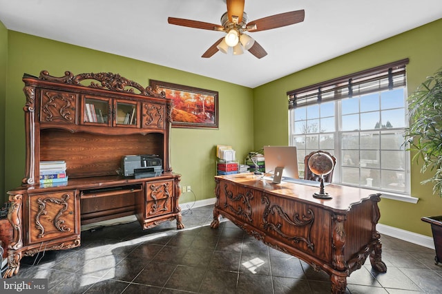office area featuring baseboards and a ceiling fan