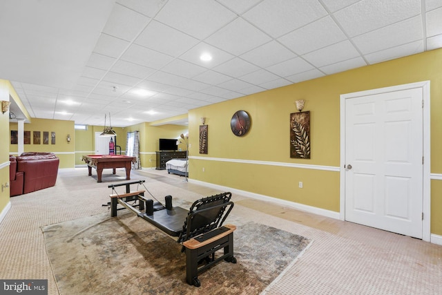 living area with billiards, baseboards, carpet, and a paneled ceiling