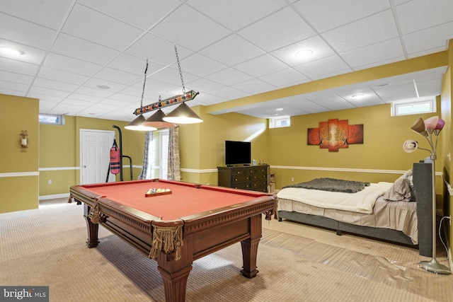 rec room with carpet floors, baseboards, a drop ceiling, and pool table