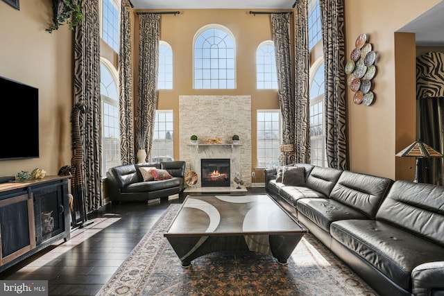 living area featuring wood-type flooring, a high ceiling, and a glass covered fireplace