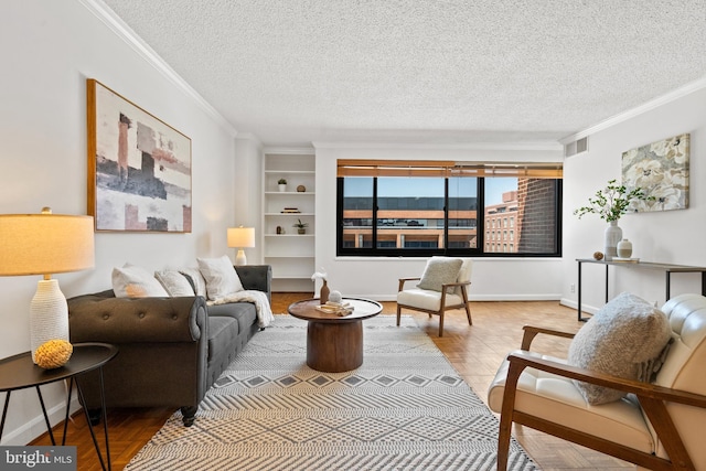 1077 30th St NW Unit 612, Washington, DC 20007 - living area with ornamental molding, a textured ceiling, baseboards, and built in features