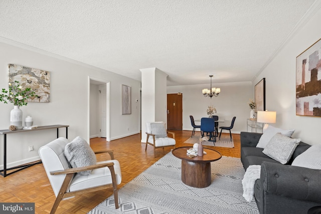 1077 30th St NW Unit 612, Washington, DC 20007 - living area featuring a textured ceiling, a chandelier, and ornamental molding