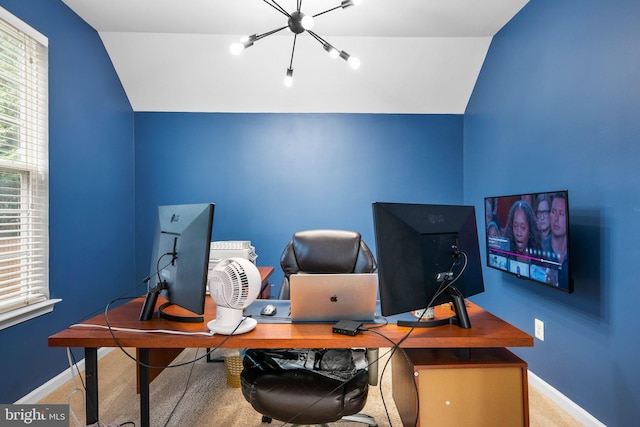 17202 Madrillon Way, Accokeek, MD 20607 - office area with vaulted ceiling, a chandelier, and carpet