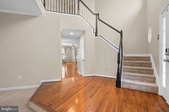 17202 Madrillon Way, Accokeek, MD 20607 - foyer entrance with stairs, wood finished floors, a towering ceiling, ceiling fan, and recessed lighting