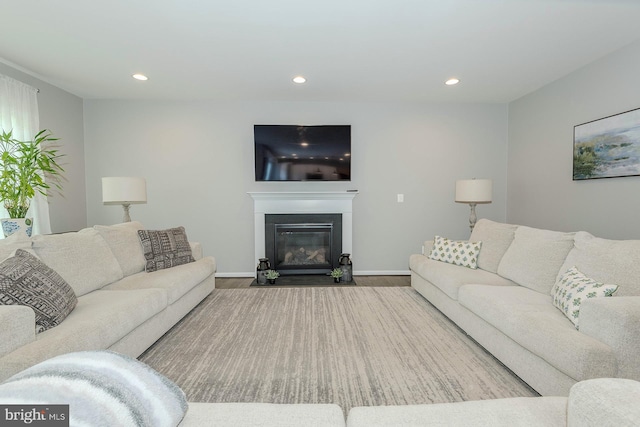 7928 Meridian Dr, Pasadena, MD 21122 - living area with wood finished floors, recessed lighting, a fireplace with flush hearth, and baseboards
