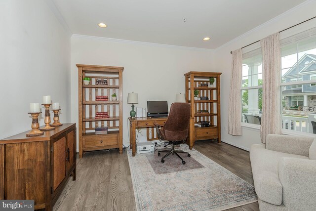 7928 Meridian Dr, Pasadena, MD 21122 - office featuring wood finished floors, ornamental molding, recessed lighting, and baseboards