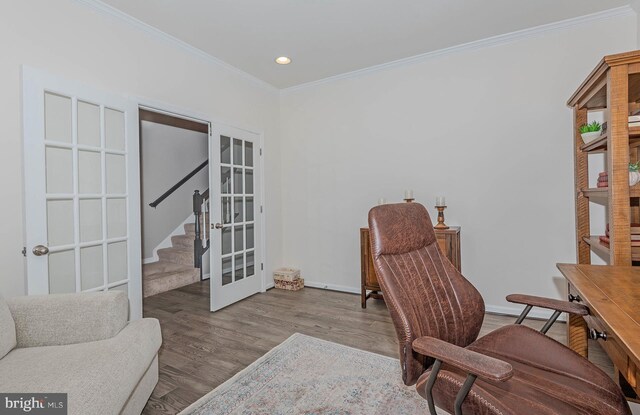 7928 Meridian Dr, Pasadena, MD 21122 - office space featuring ornamental molding, french doors, baseboards, wood finished floors, and recessed lighting