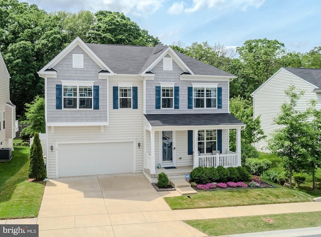 7928 Meridian Dr, Pasadena, MD 21122 - view of front facade featuring a porch, an attached garage, concrete driveway, central air condition unit, and a front yard