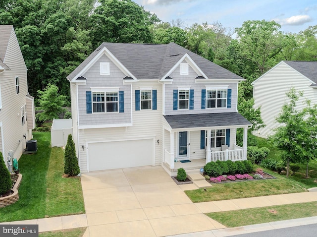 7928 Meridian Dr, Pasadena, MD 21122 - view of front of house featuring covered porch, a garage, a front lawn, and a shingled roof