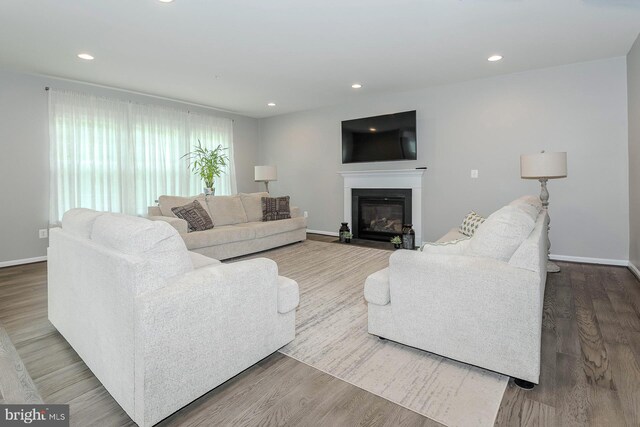 7928 Meridian Dr, Pasadena, MD 21122 - living area with baseboards, a fireplace with flush hearth, wood finished floors, and recessed lighting