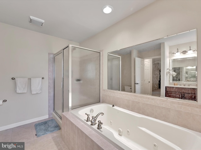 full bath with tile patterned floors, baseboards, a tub with jets, visible vents, and a stall shower