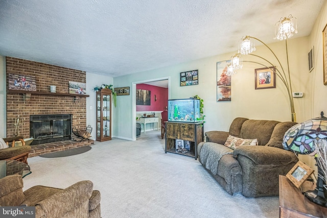 carpeted living area featuring a textured ceiling, visible vents, and a fireplace