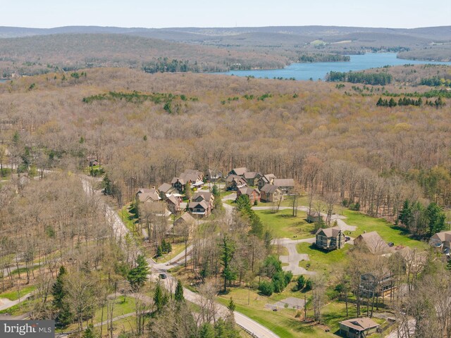 drone / aerial view featuring a water view and a forest view