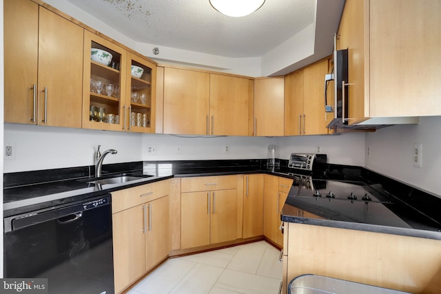 900 Stafford St N Unit 2222, Arlington, VA 22203 - kitchen with glass insert cabinets, light brown cabinetry, a toaster, black appliances, and a sink