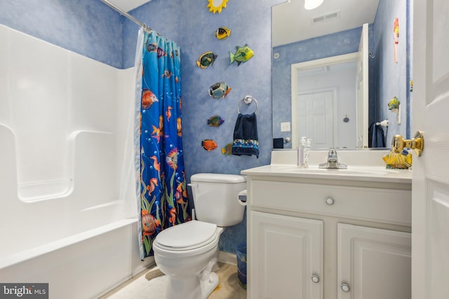 full bath with visible vents, vanity, toilet, tile patterned floors, and shower / tub combo
