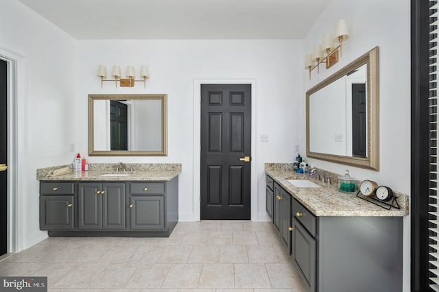 bathroom with tile patterned flooring, a sink, and two vanities