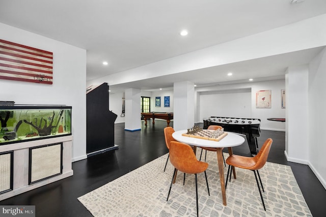 dining area featuring baseboards, recessed lighting, wood finished floors, and pool table