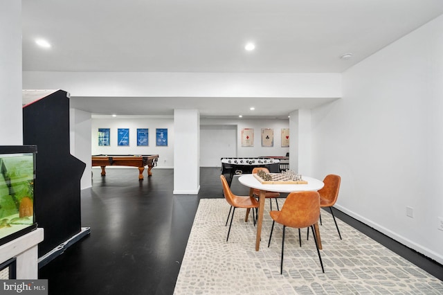 dining space with recessed lighting, baseboards, billiards, and wood finished floors