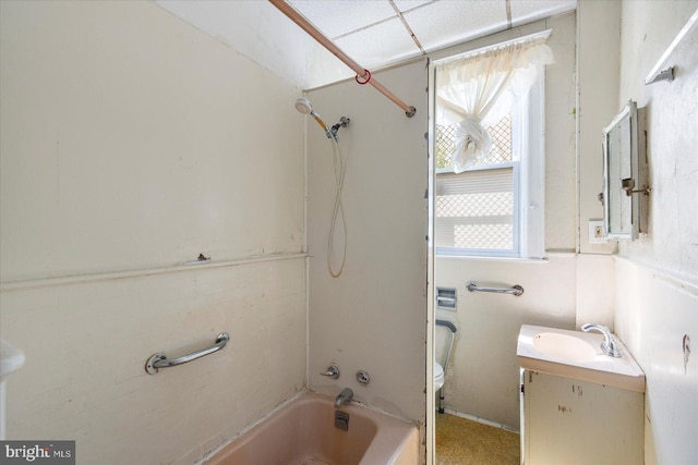 full bath featuring vanity, bathtub / shower combination, and toilet