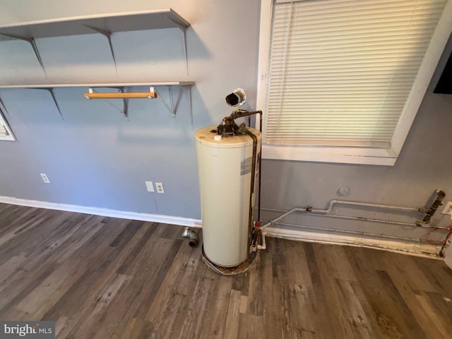 interior space with baseboards, gas water heater, and wood finished floors