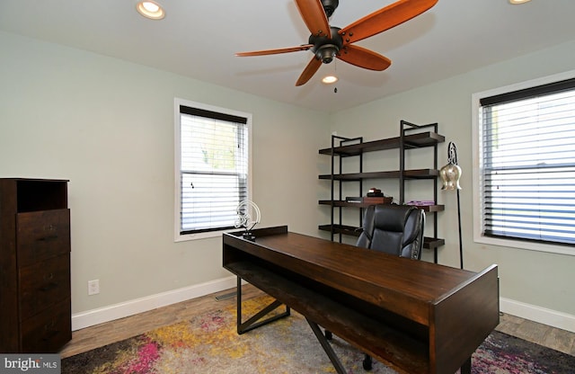 office with wood finished floors, ceiling fan, recessed lighting, and baseboards
