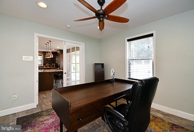 office area with recessed lighting, ceiling fan, wood finished floors, and baseboards